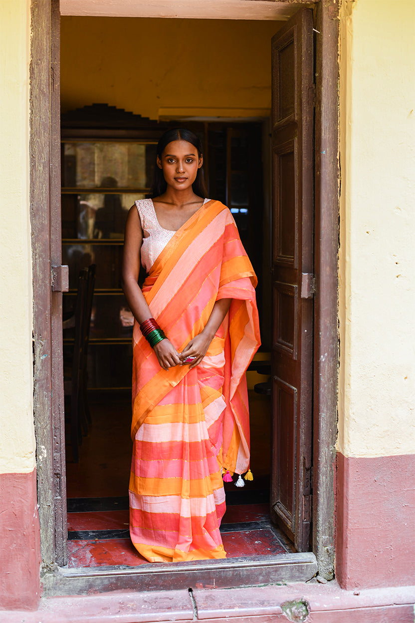 Kadamba- Peach & Orange Striped Saree