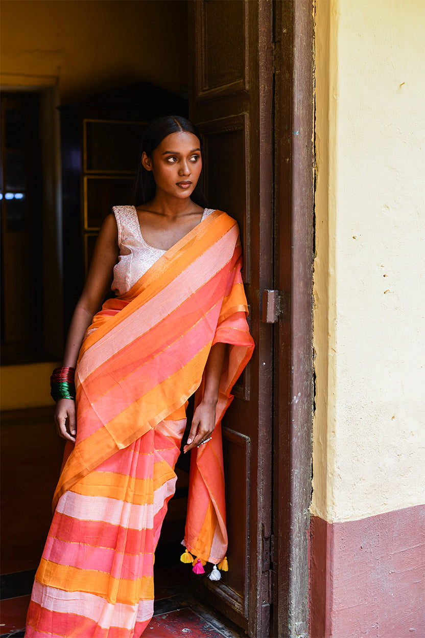 Kadamba- Peach & Orange Striped Saree