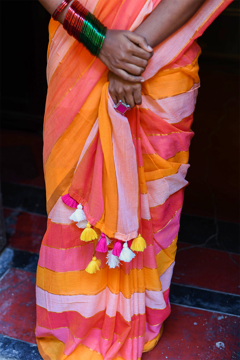 Kadamba- Peach & Orange Striped Saree