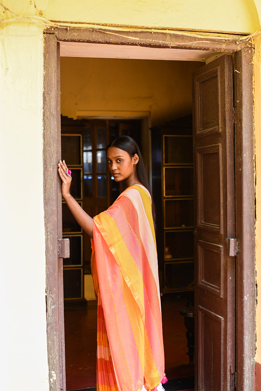 Kadamba- Peach & Orange Striped Saree
