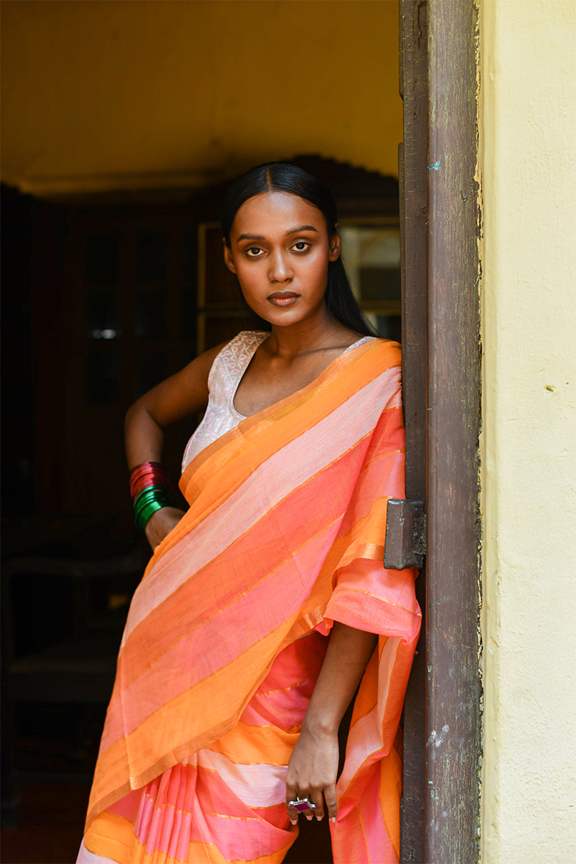 Kadamba- Peach & Orange Striped Saree