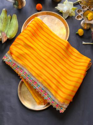 Yellow Striped Pure Silk Saree with Floral Zari Border