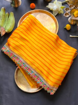 Yellow Striped Pure Silk Saree with Floral Zari Border